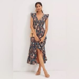 Anthropologie Turquoise Smocked Ruffle Hem Dress - M